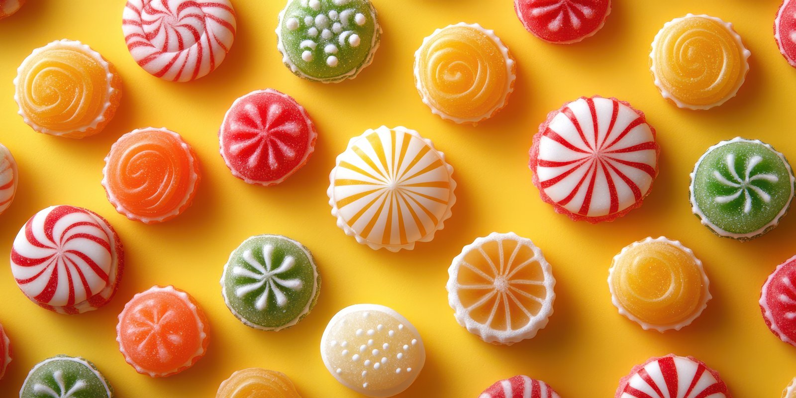 Colorful assortment of candy arranged on a vibrant yellow background during a festive gathering